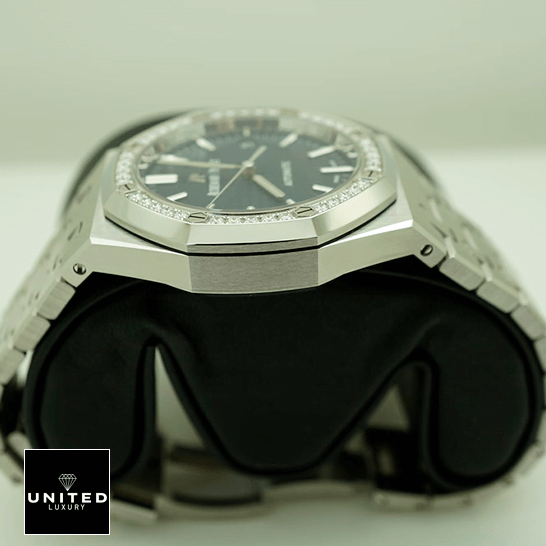 Audemars Piguet Royal Oak Blue Dial Diamond Bezel Replica on the black stand