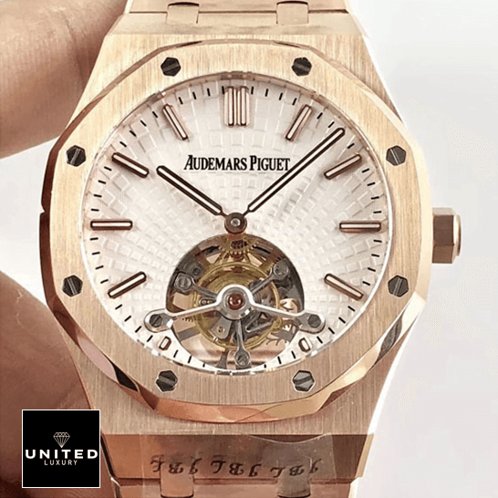 Audemars Piguet Royal Oak Tourbillion White Dial Rose Gold Case Replica on the hand