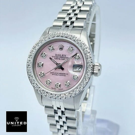 Rolex Datejust Pink Diamond Dial Jubilee Replica on the white stand