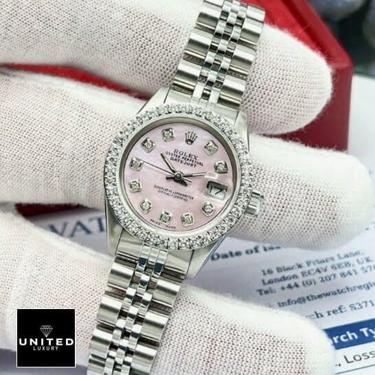 Rolex Datejust Stainless Steel Jubilee Bracelet Pink Diamond Dial Replica on the hand