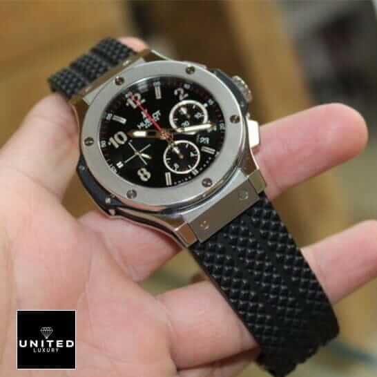 Hublot Big Bang Black Dial Steel Bezel Replica on the hand