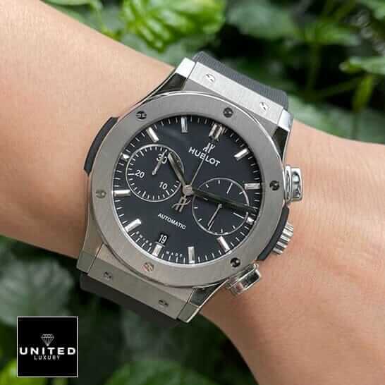 Hublot Classic Fusion Black Dial Steel Bezel Replica on the man wrist