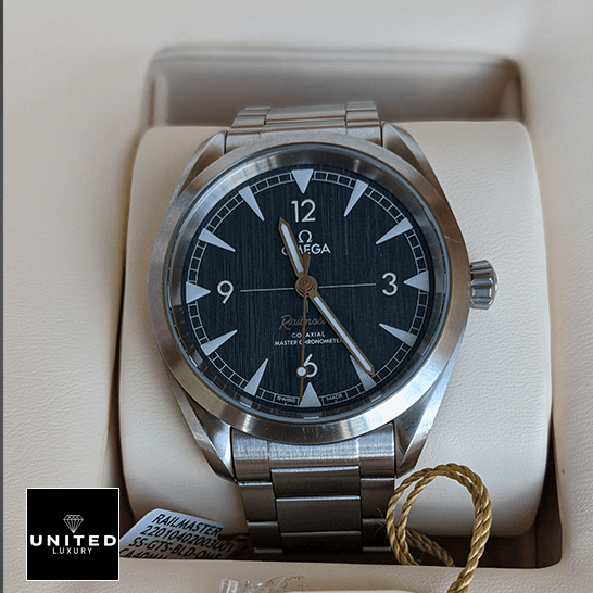 Omega 220.10.40.20.03.001 Railmaster Blue Dial Replica in the white box