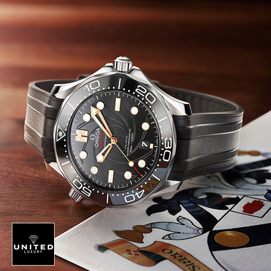 Omega Seamaster Diver 300m Co Axial Black Dial Replica side view on the card