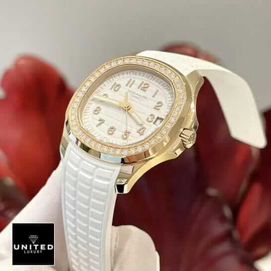 Patek Philippe Aquanaut Luce Diamond Bezel Gold Case Replica red background