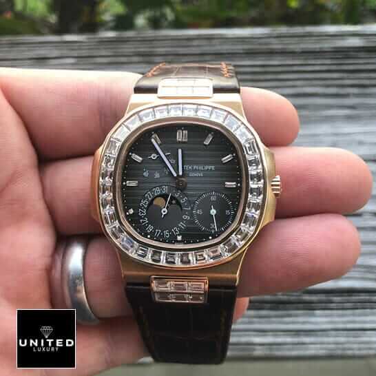 Patek Philippe Black Dial Brown Leather Bracelet Replica on the man hand