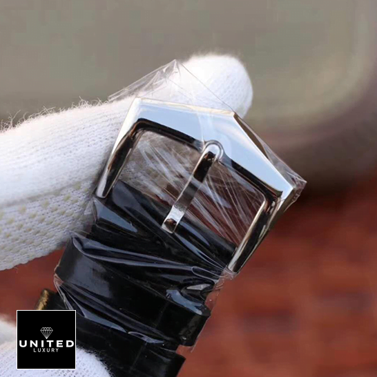Patek Philippe Leather Black Bracelet Steel Clasp Replica on the whte glove hand