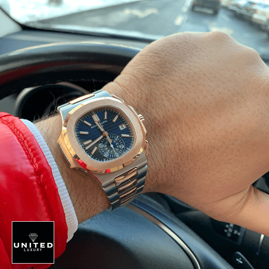 Patek Philippe Nautilus Blue Dial Steel Bracelet Replica on the wrist in car