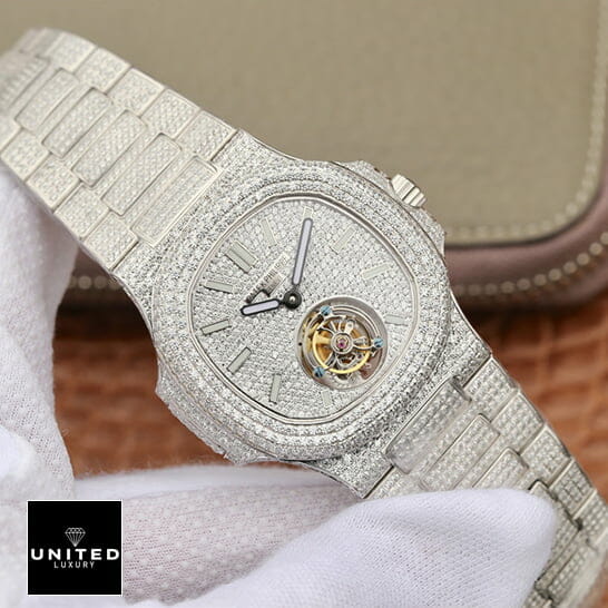 Patek Philippe 6980 Tourbillion White Iced Out Replica on the hand