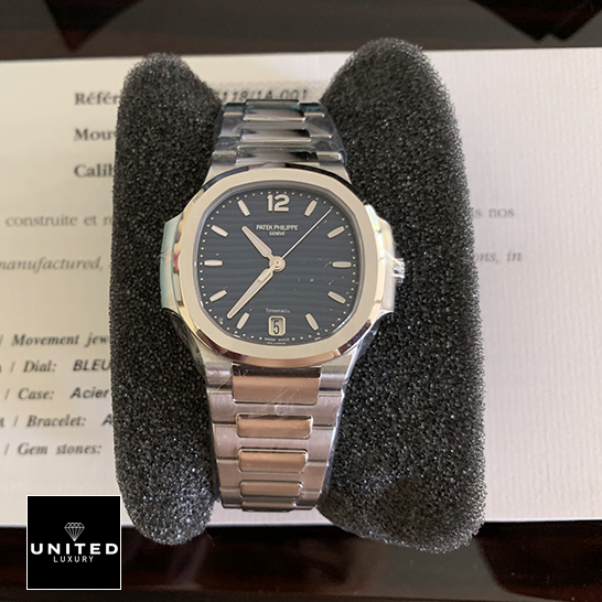 Patek Philippe Nautilus 71181A-001 Blue Dial Replica on the black stand
