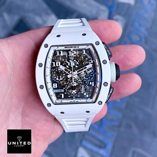 Richard Mille RM011FM White Bezel and Bracelet Replica front view on the hand