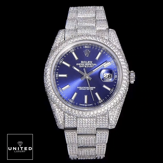 Rolex Datejust White Gold Blue Dial Iced Out 126300 Replica and black background