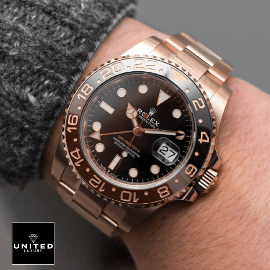 Rolex GMT-Master II 126715CHNR-0001 Black Dial Replica on his arm