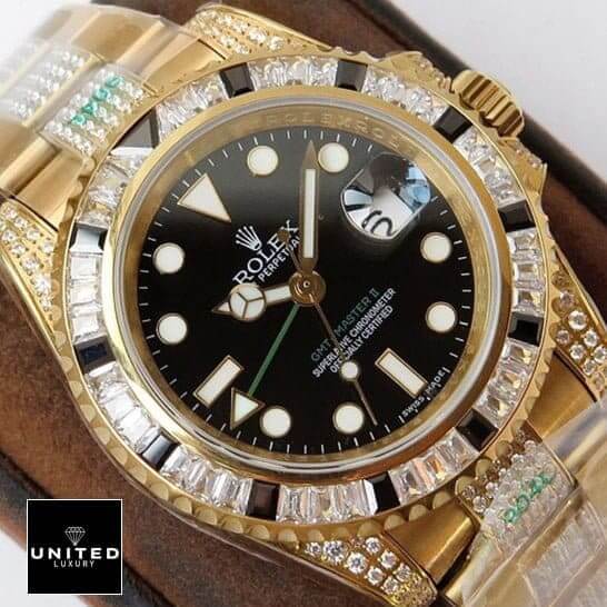 Rolex GMT-Master II 116748SANR Yellow Gold Black Dial Gem-Set Bezel Replica