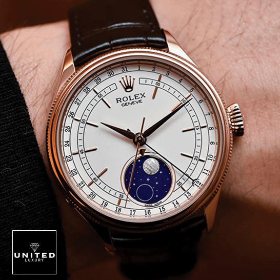 Rolex Cellini 50535 Moonphase White Dial Replica on the man wrist