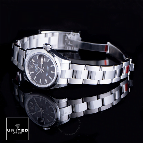 Rolex Datejust 279160 Grey Dial Oyster Replica side view & black background