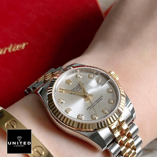 Rolex Datejust Diamond Replica on a woman's wrist