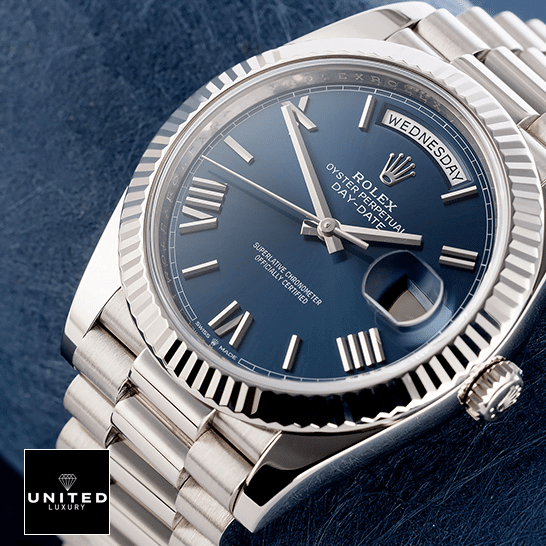 Rolex Day-Date 40 228239 Fluted Bezel Replica Blue Backround