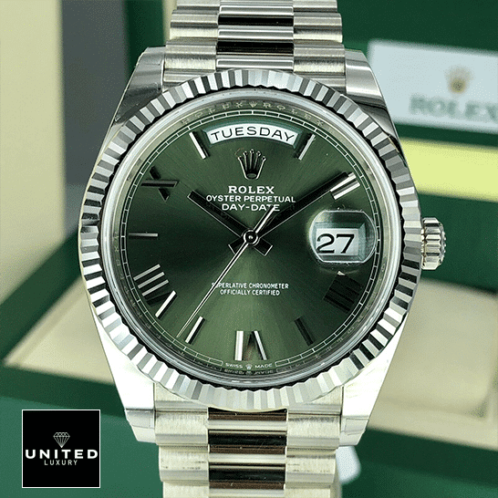 Rolex Day-Date Olive Green 228239 Replica Rolex Box in front of