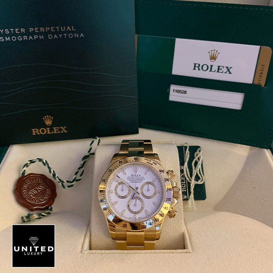 Rolex Daytona 116528 Yellow Gold White Dial Oyster Replica & Guarantee Card in the Rolex Box