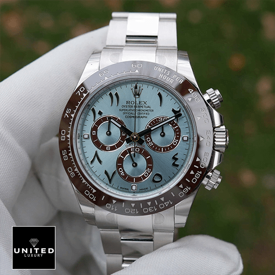 Rolex Daytona Platinum Ice-Blue Dial 116506-0001 Replica on his hand