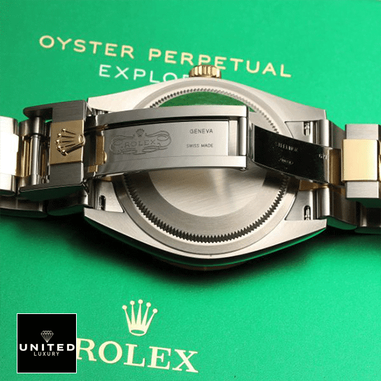 Rolex 2021 Explorer 124273 Two Tone Bracelet Replica Open Fold Clasp on the Rolex Box