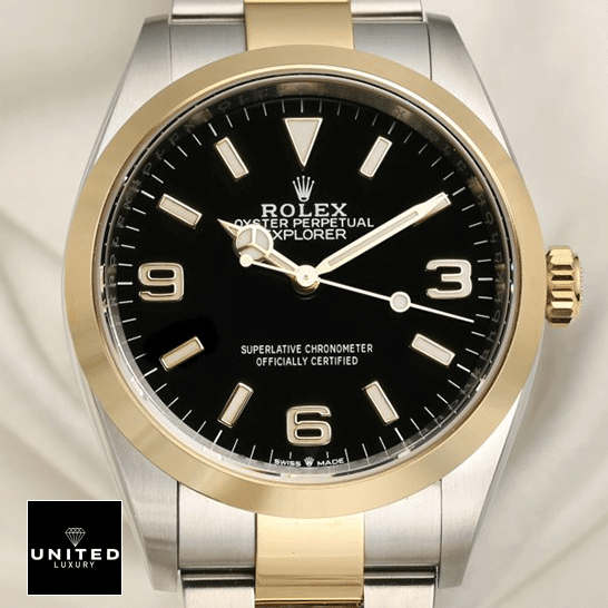 Rolex 2021 Explorer 124273 Yellow Gold Bezel Replica cream tulle background