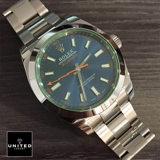Rolex Milgauss 116400GV-0002 Green Sapphire Crystal and Blue Dial Oyster Replica on the table