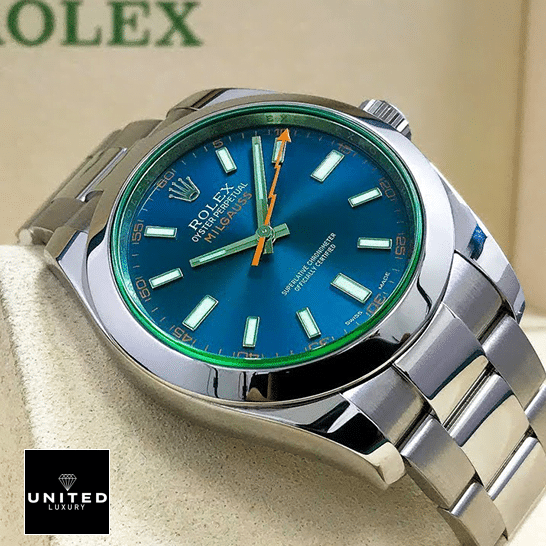 Rolex Milgauss 116400GV-0002 Green Sapphire Crystal and Blue Dial Oyster Replica in the Rolex Box