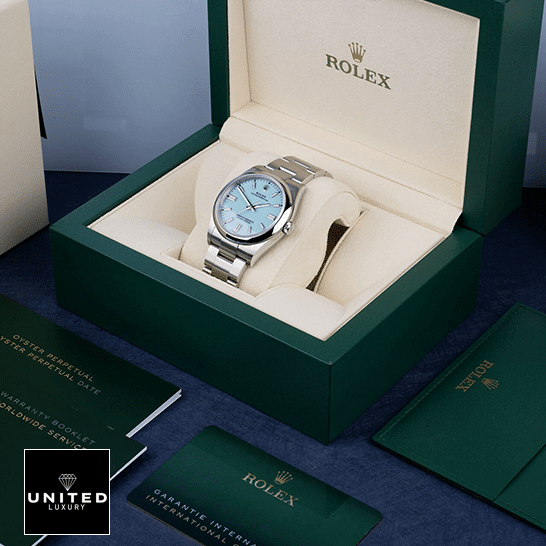 Rolex Perpetual 126000 Turquoise Dial Oyster Replica in the Green Rolex box