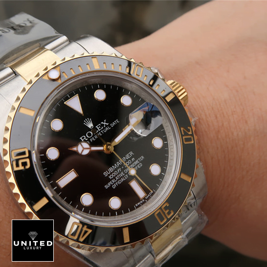 Rolex Submariner Date 16803 Two Tone Black Dial Replica on the wrist