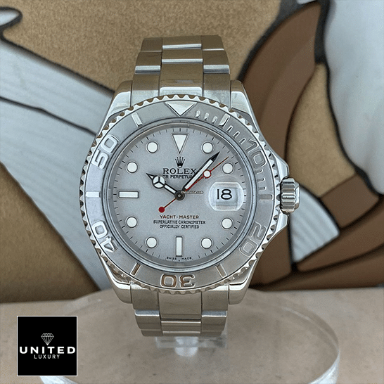 Rolex Yacht Master Platinum White Dial Replica on the stand