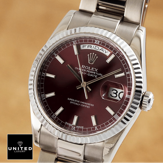 Rolex day-date purple dial oyster bracelet replica brown background